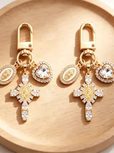 2 PACK Rose Gold Virgin Mary Medallion Cross Keychain, Heart Crystal Charms, Perfect Religious Gift for Confirmation, Communion & Holidays