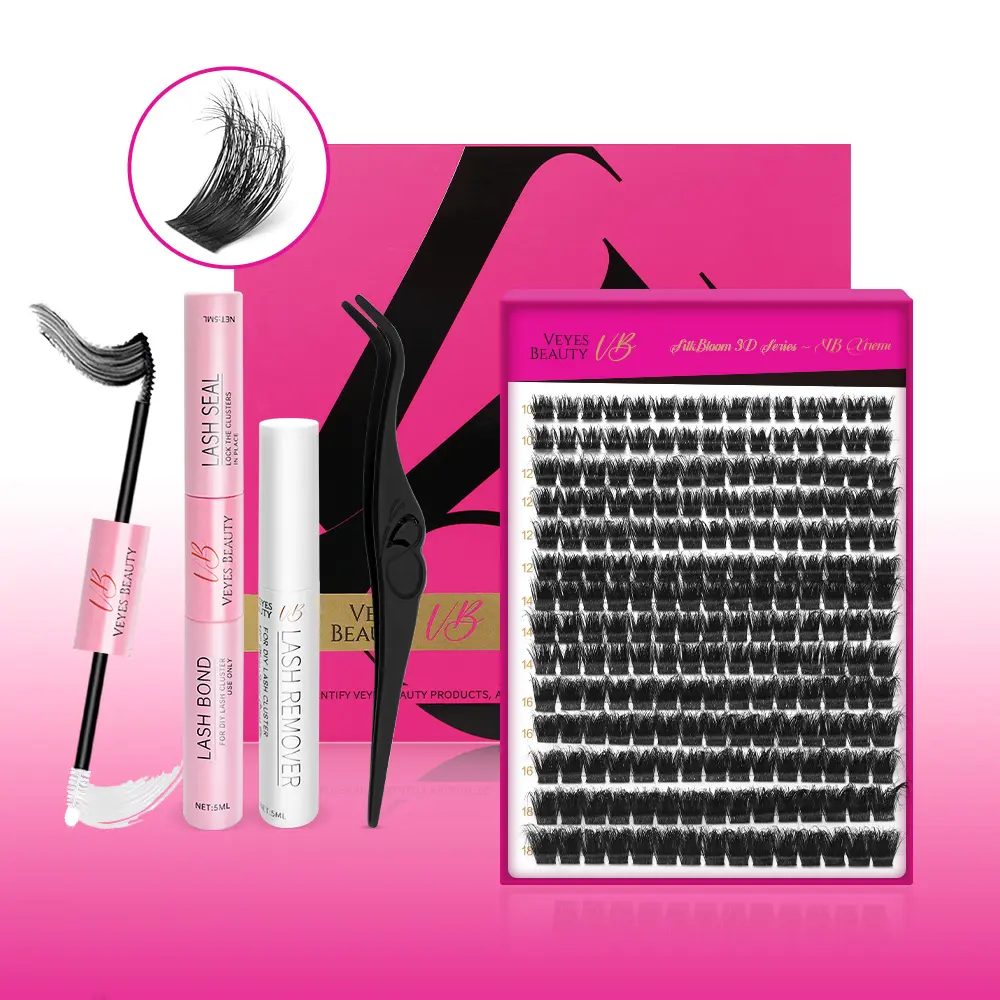 VEYESBEAUTY VB-Xtreme Cluster Lashes, 3D Fluffy DIY Lash Extension Cosmetic Kit, Soft Matte Black Finish, Mixed Lengths for Adults