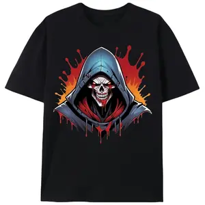 Bloody Hooded Reaper Skeleton Summer T-Shirt, Men's Unisex Streetwear Graphic Tee, Halloween Horror Skull Casual Shirt for Men & Women