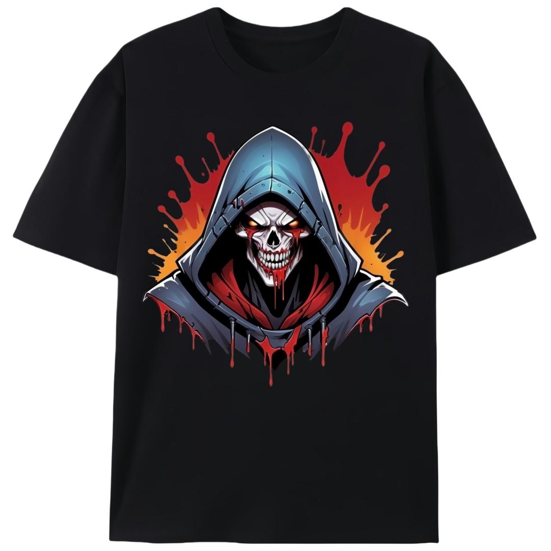 Bloody Hooded Reaper Skeleton Summer T-Shirt, Men's Unisex Streetwear Graphic Tee, Halloween Horror Skull Casual Shirt for Men & Women