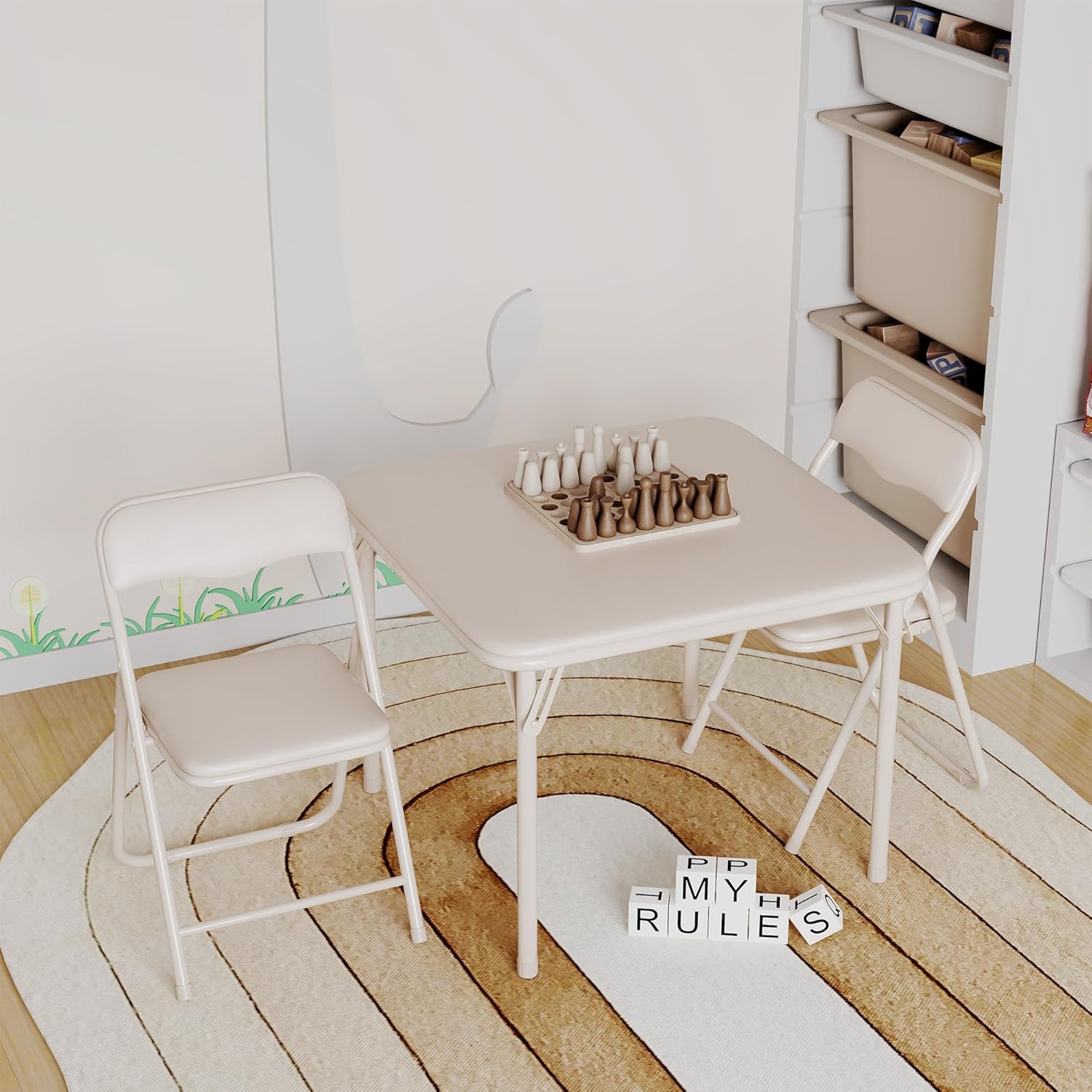 Boys and Girls Folding Table and Chair Set of 3, Featuring a Portable Table and Chairs with Soft Pu Cushions. No Assembly is Required, Perfect for Eat