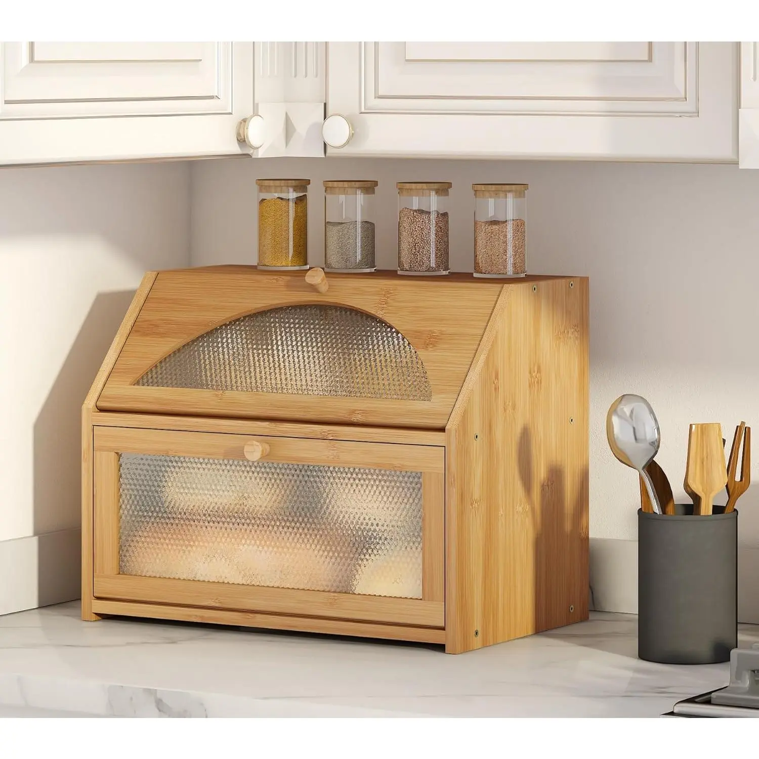 Large Bread Box, Bamboo Wood Bread Box for Kitchen Counter, Double-layer Bread Storage Bin, Acrylic glass with Diamond Patterns