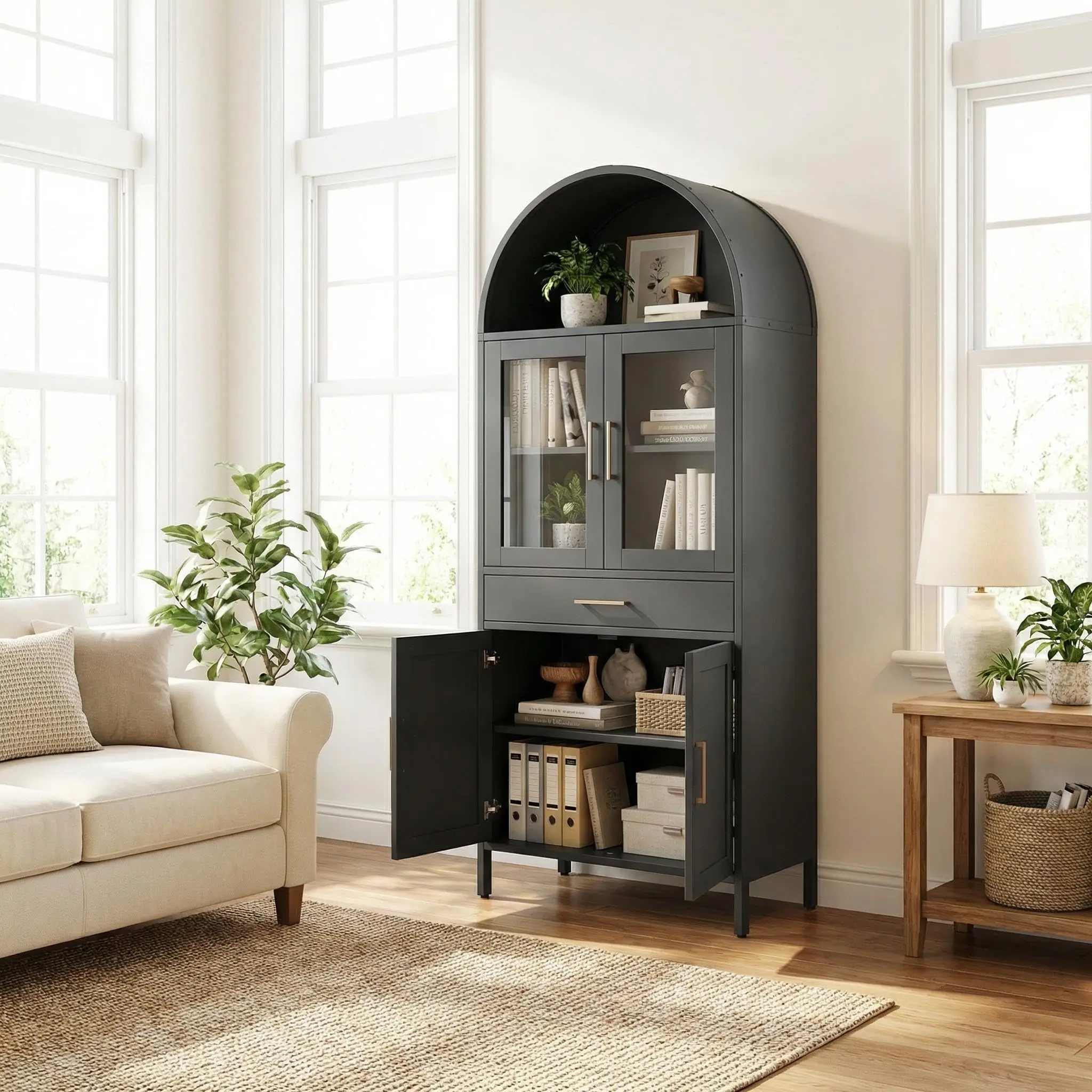 73-in Black Metal Modern Arched Pantry Cabinet with Glass Doors - Home Storage Organizer, Adjustable Shelves, Drawer, Anti-Tip Display Unit for Kitchen, Living Room