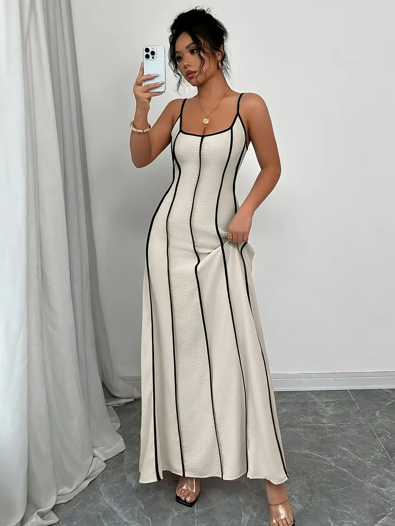 Elegant White Maxi Dress with Black Stripes and Thin Straps for Women
