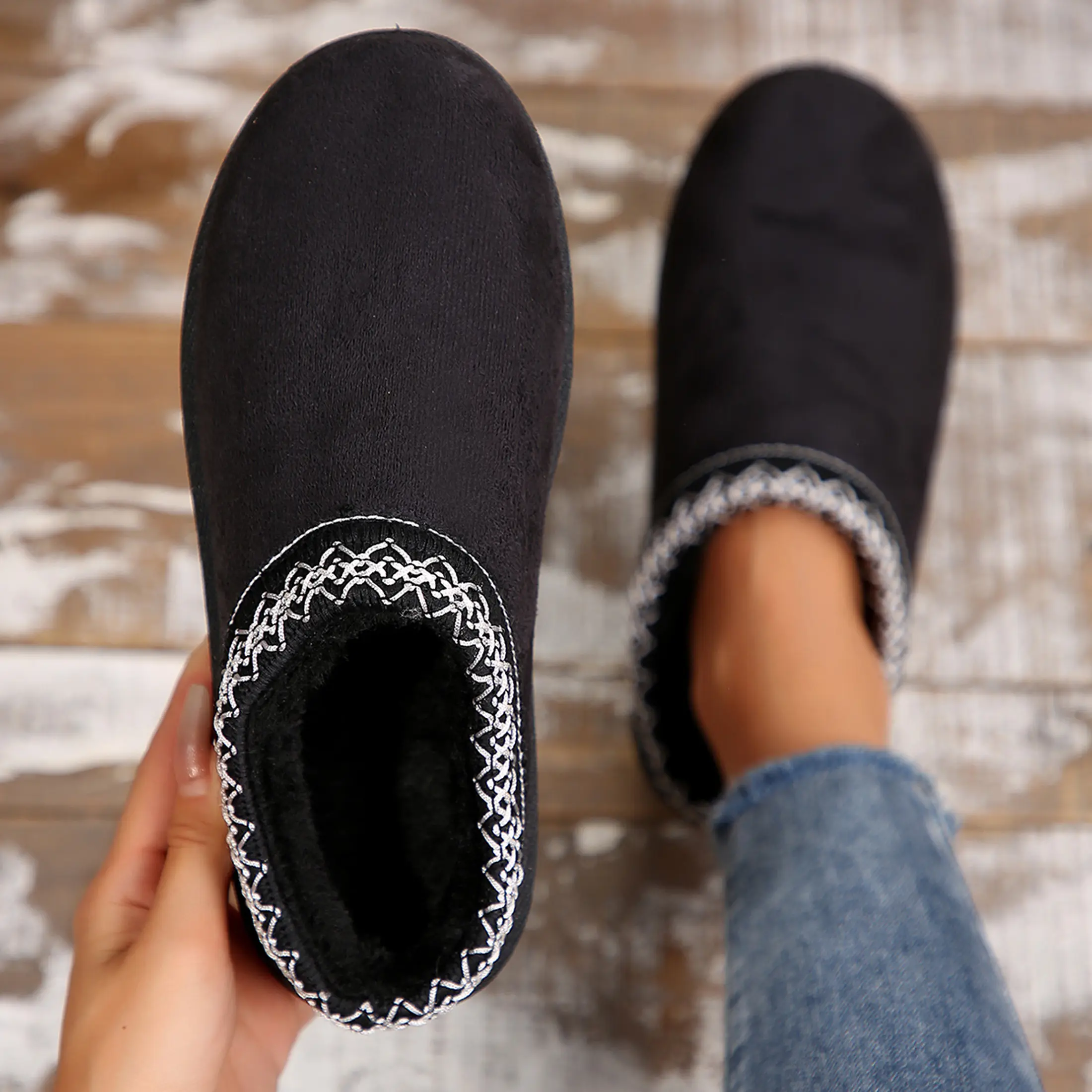 ‌‌‌‌Warm Winter Women’s Slippers with Thick Sole & Anti - Slip Bottom Mini Snow Boots Fuzzy Fleece Lining & Embroidered Trim Cozy Indoor Outdoor Shoes Girl Footwear