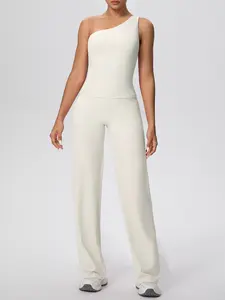 Women's Yoga 2-Piece Set, Plain One-Shoulder Tight Top Slim Fit Wide Leg Pants, Breathable High Elasticity Sports Wear for Training Fitness Pilates Workout Set