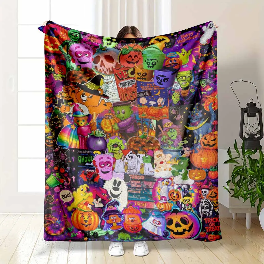 Retro Halloween Flannel Blanket with Pumpkin Ghost Black Cat Witch Skull Print Soft Cozy Lightweight Plush Throw for Sofa Bed Party Home Decor Autumn Gift