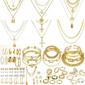 73 Pcs Gold Set with 6Pcs Layered Necklace, 11 Pcs anklet and 7Pcs Earring Ear Cuff,12Hoop Earrings ,15pcs Rings,21pcs stud earrings Jewerly set for Women Pack for Friendship Party Gift