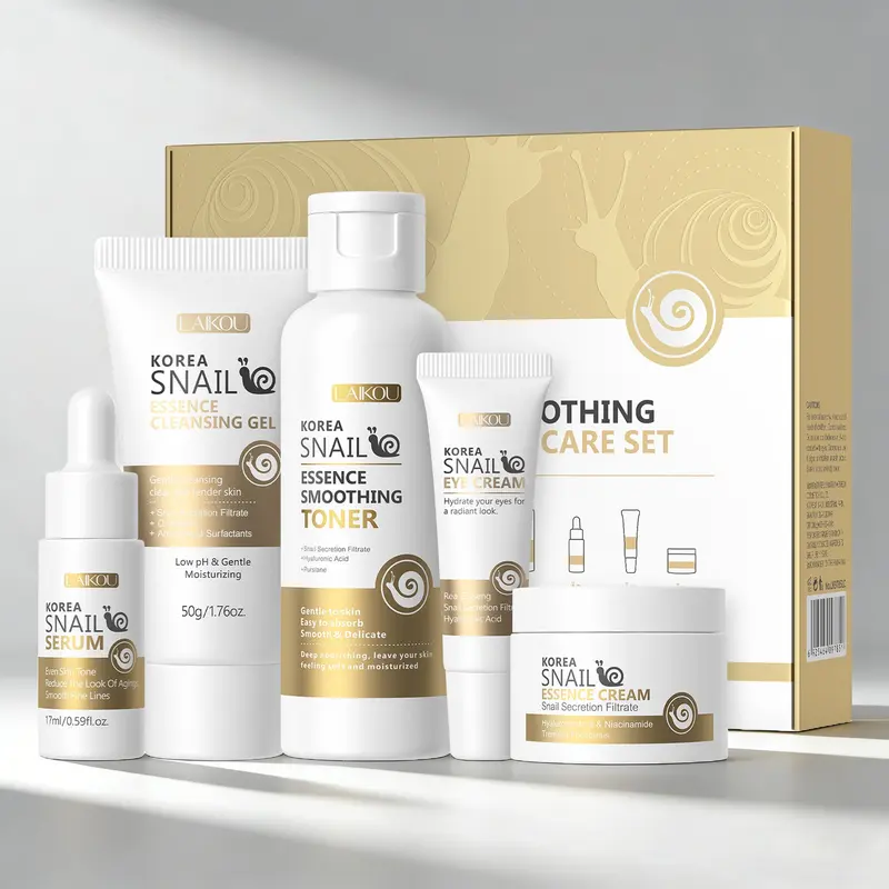Korean Snail Mucin Firming Gentle Moisturizing Skincare Set Deep Hydration Helps Reduce Appearance of Fine Lines 5-Step Daily Routine Skincare Kit for Radiant Dewy Glow Skin Moisturizing Hydrating Kit