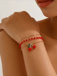 3Pcs Cherry Charm Bracelet Set for Women, Stackable Gold Tone Chain & Red Crystal Bead Bracelets with Enamel Cherry Pendant, Sweet Y2K Summer Casual Everyday Accessories