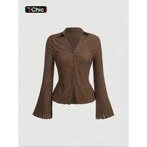 Women’s plain blouse with lettuce trim, flounce sleeves, and a button-front closure; casual collared long-sleeve top for everyday wear; ladies’ clothing suitable for all seasons