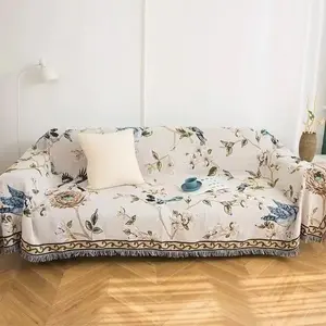 Fresh beige floral and bird sofa cover, soft cotton yarn material, suitable for 2/3/4-seater sofas, L-shaped couch cover with tassel decoration. Elastic Furniture Protector Weather Resistant Cushions Water Resistant Cushions