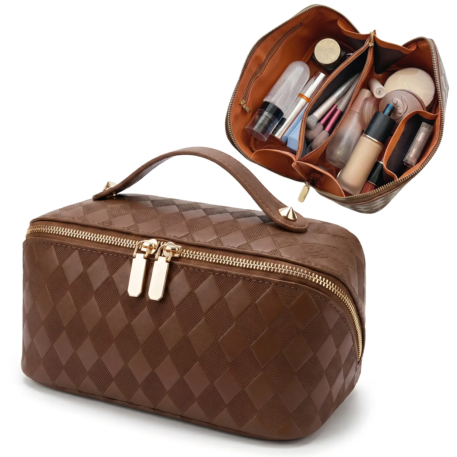 Women's Large Capacity Waterproof PU Leather Makeup Bag - Travel Accessories with Brush Holders, Compartments, Portable Toiletry Organizer for Business Trip, Vacation, Brown