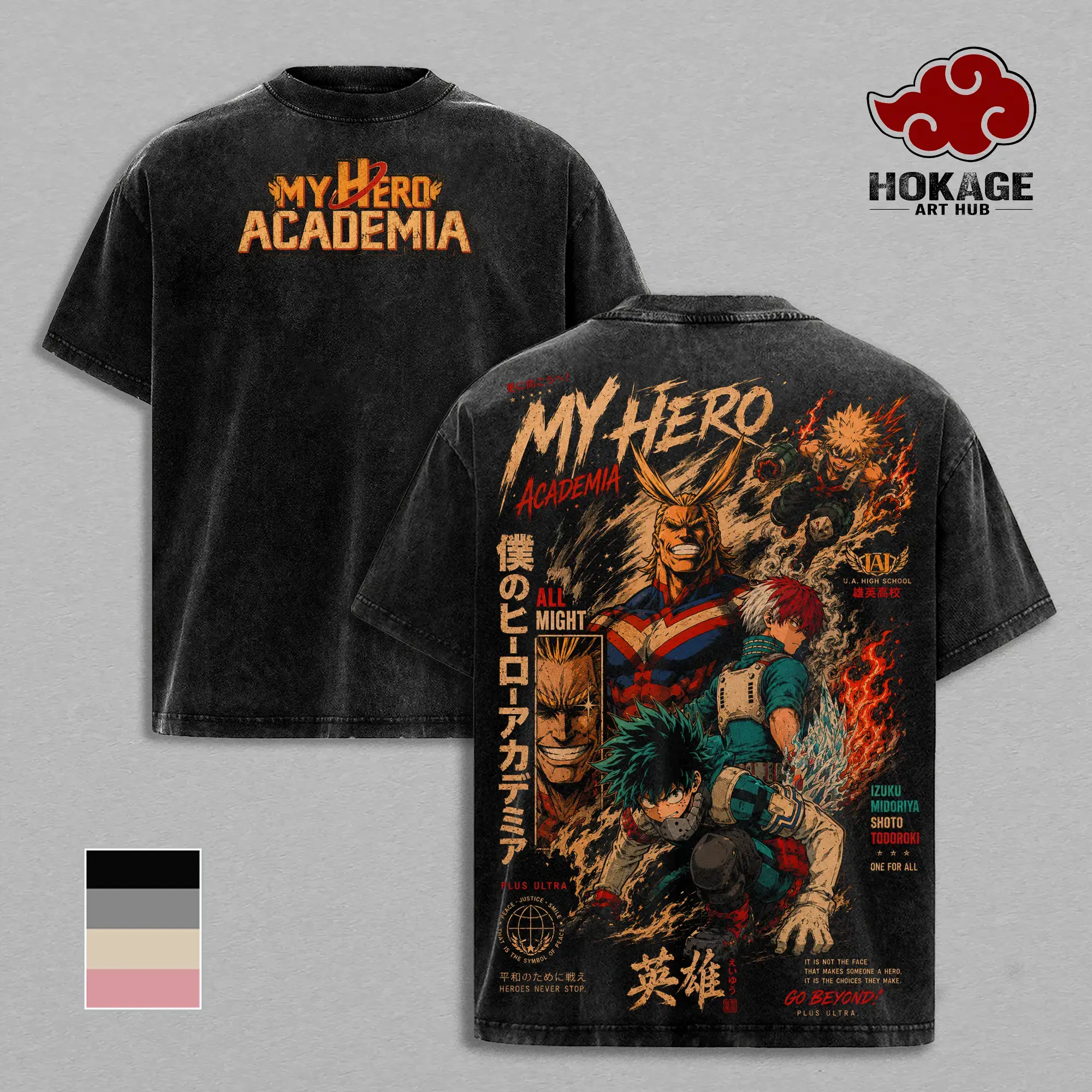 Vintage 90s My Hero Academia Anime Graphic Tee Unisex Cotton Distressed T-Shirt, Trendy Back Print MHA Streetwear Design Featuring Deku All Might Bakugo Todoroki. Premium Men's T Shirts Casual Fashion Merch For Men & Women. Essential Y2K Anime Top Tees US