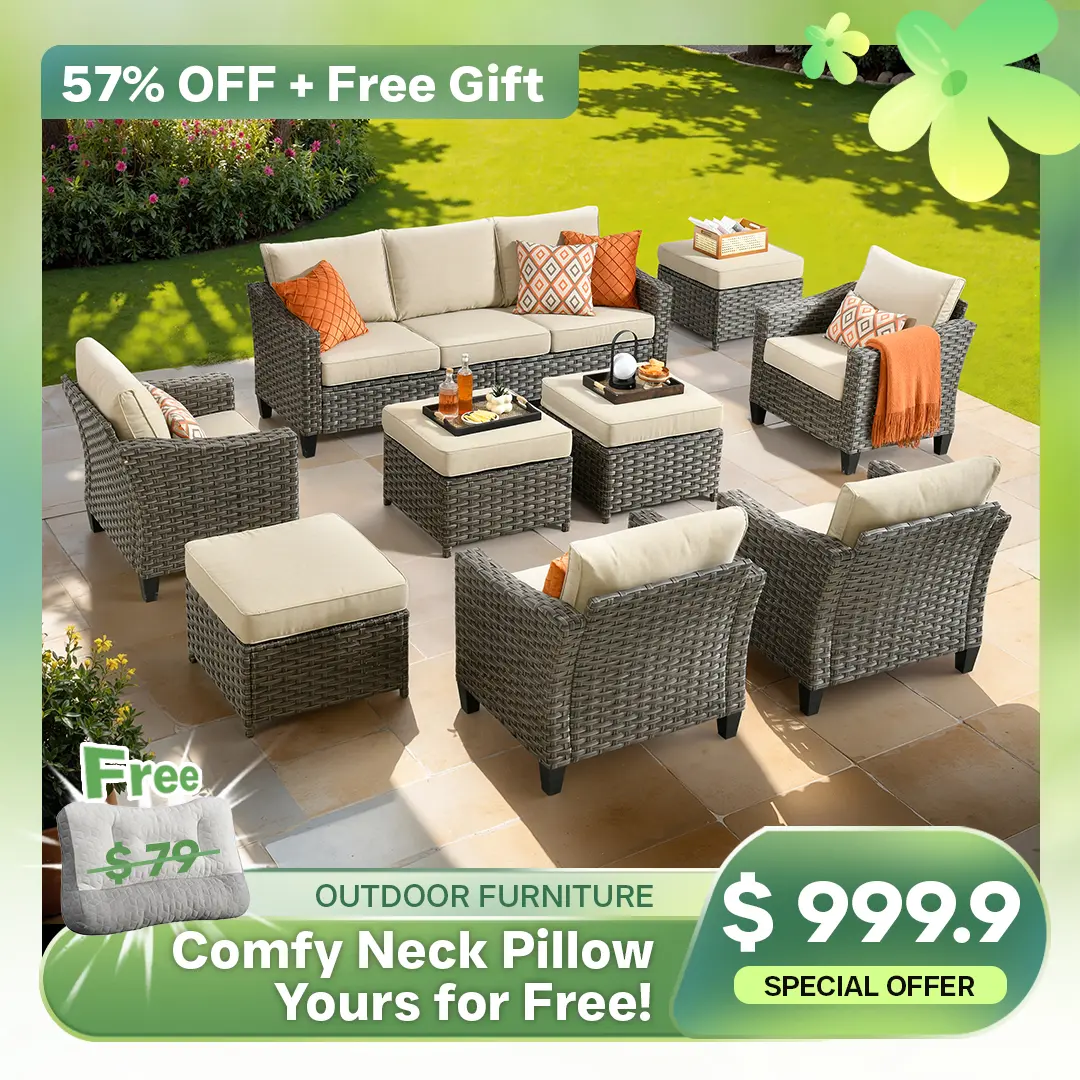 【Summerfinds】Ovios 9-Piece Patio Furniture Set, Outdoor Wicker 3-Seat Sofa Couch & Rattan Chairs Conversation Set with Ottomans and Thick Cushions, All-Weather High Back Sectional Seating for Garden, Backyard