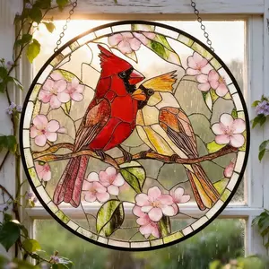 Cardinal Stained Glass Suncatcher – Red Bird Floral Window Hanging, Spring Home Decor, Memorial Gift for Loved One