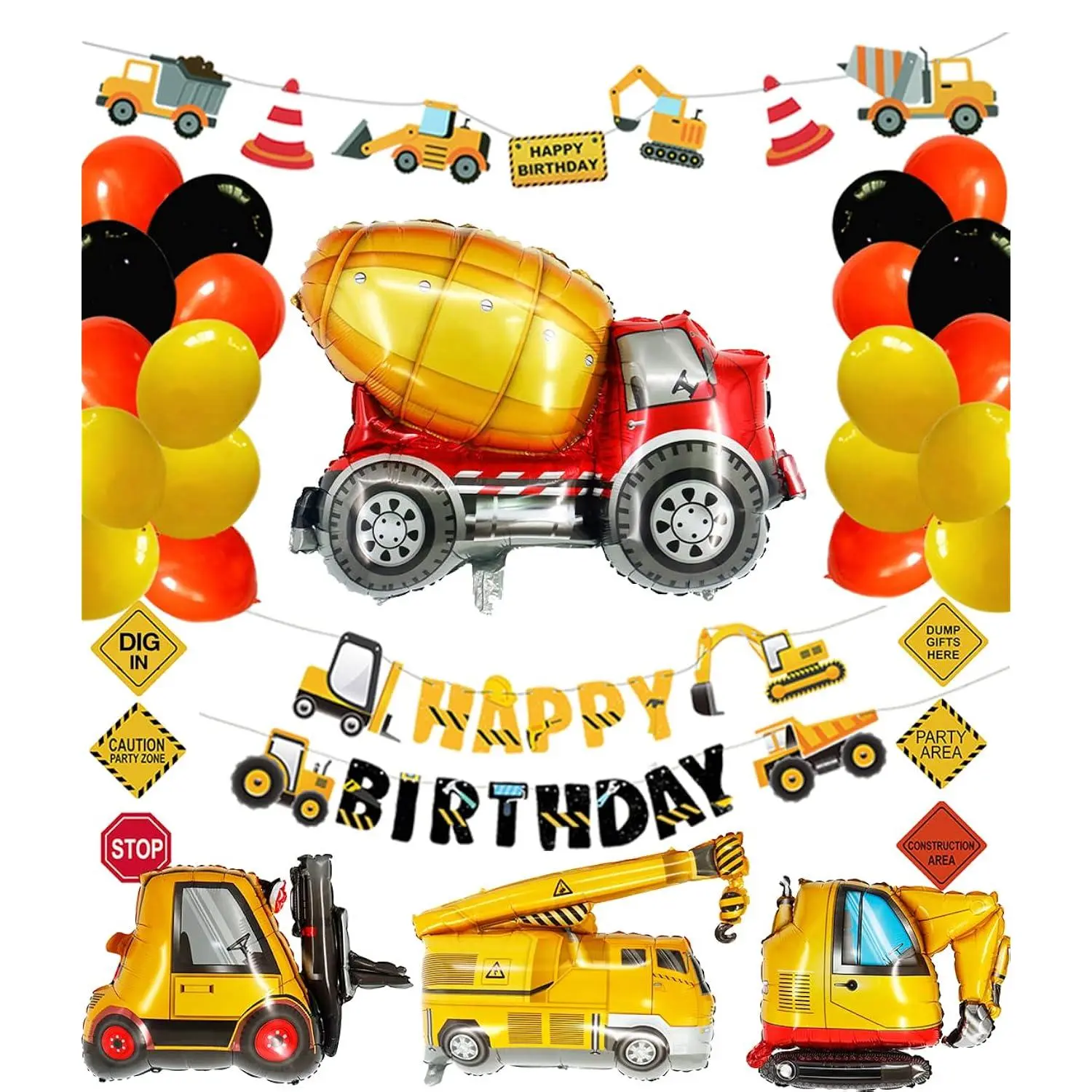 Construction Birthday Party Supplies Dump Truck Party Decorations Kits Set With 4 Foil Balloons, Balloons Garland, Happy Birthday Banner, Vehicle Banner, Traffic Signs For Kids Birthday Party