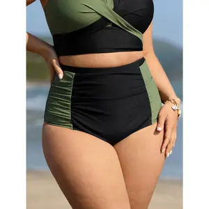 BLOOMCHIC Women's Plus Size Nylon Blend Shrink-Pleated High-Rise Waist Skinny Fit Contrast Swim Bottoms, Tummy Control Bathing Suits, Mom-Friendly 2026 Summer Pick [M-6X],Spotlight,Summer wins,Deals for you days Colorblock Bikini