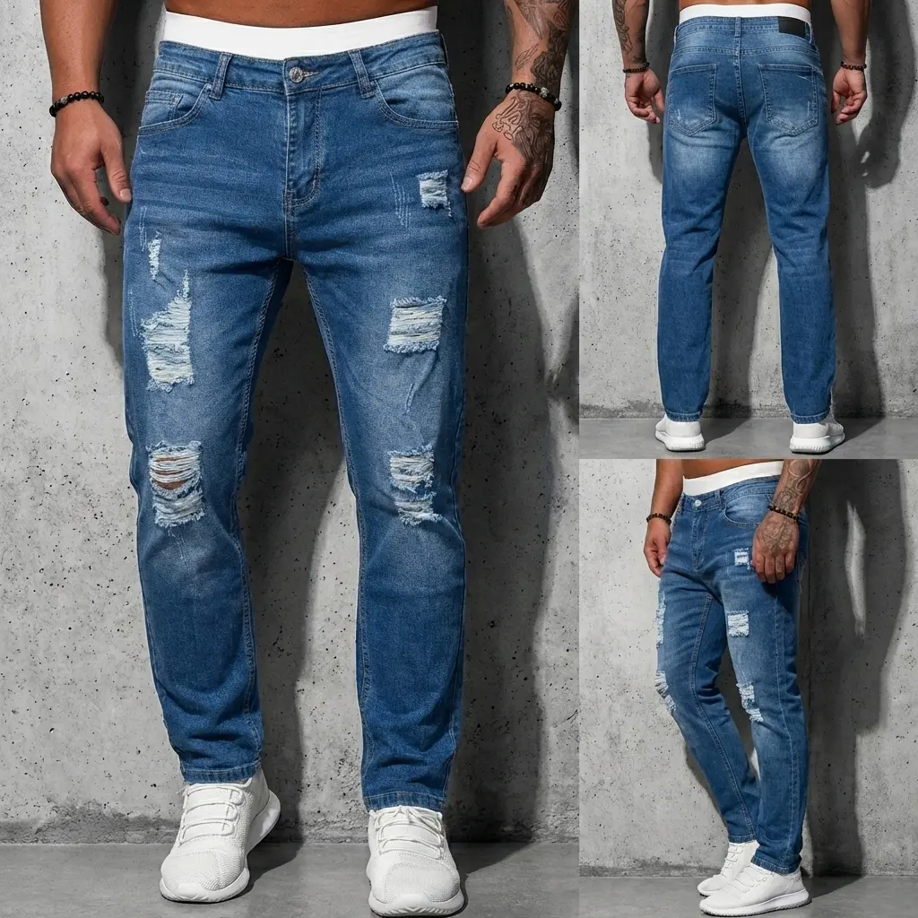 Menswear Distressed Skinny Jeans in Soft Stretch Denim, Low Rise Denim Clothing with a Raw Hem, Versatile Clothes for the Office, Polyester, Men's Clothing, Streetwear Clothing, Holiday