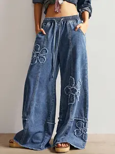 Women's Casual Floral Washed Vintage Fringe Design Elastic Waist Wide Leg Jeans, Drawstring Waist Pants,Comfortable Loose Fit Denim Jeans for Everyday Wear