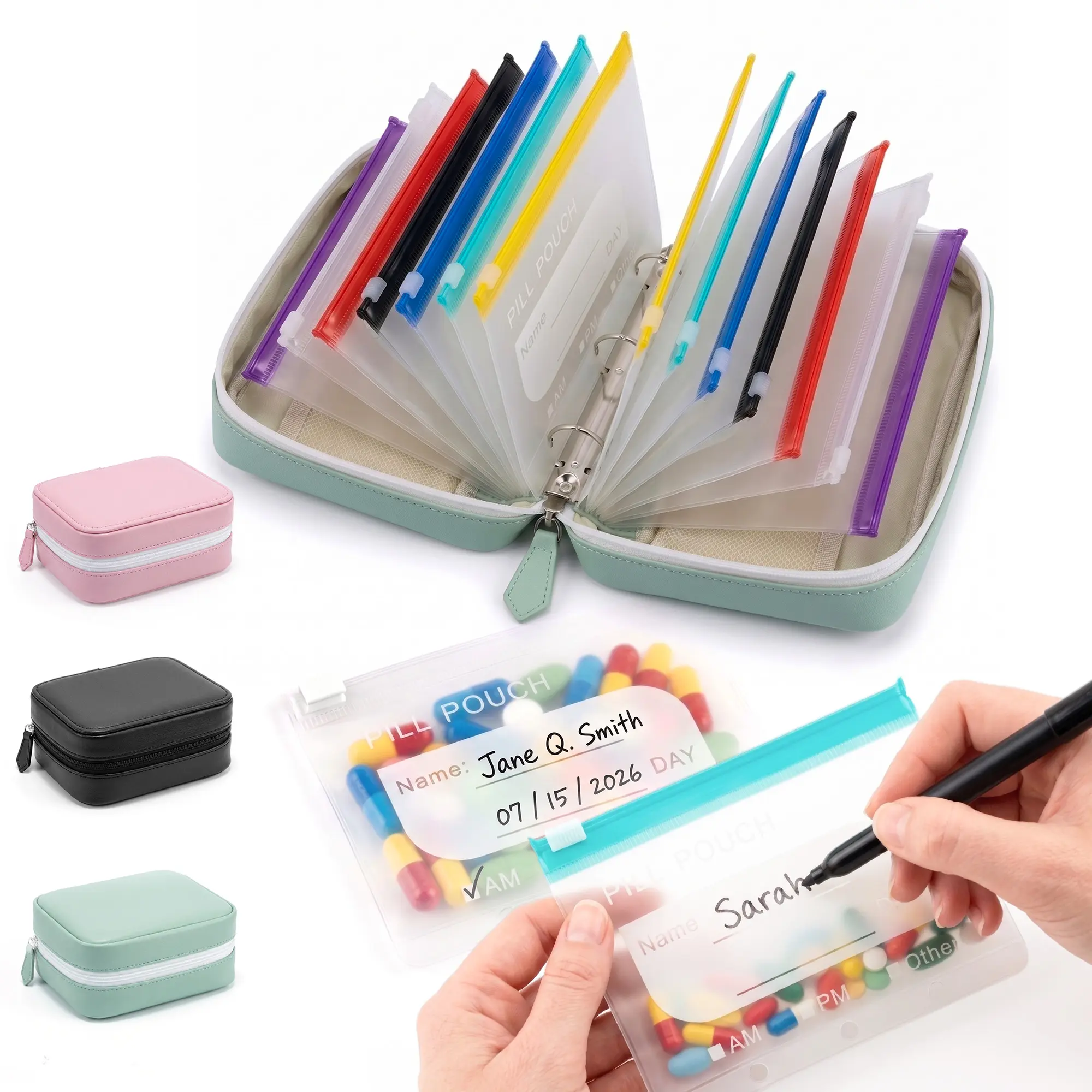 A8 Travel Pill Organizer with 14 Color-Coded Reusable Pouches, 7-Day AM/PM or 14-Day Medicine Planner, Water-Resistant Binder Case for Vitamins, Fish Oil and Supplements travelessentials