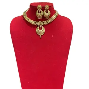 Traditional Nepali Gold Plated Necklace with Matching Earrings Elegant Design Cultural Jewelry Set