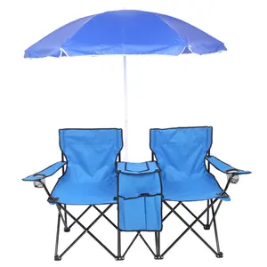 Double Folding Portable Camping Chairs with Umbrella, Mini Table, Beverage Holder & Carrying Bag - Camping Equipment, Glamping Accessories for Beach, Park Outdoor Use, Blue (Ball Game Compatible), Glamping Camping Accessories