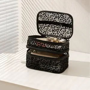 Leopard Print Black Mesh Double Layer Thick Makeup Bag Large Capacity Premium Look Handheld Transparent Toiletry Bag for Cosmetics and Tools Home Outdoor Essential Gift for Women Christmas Creative Gift Travel Pouch