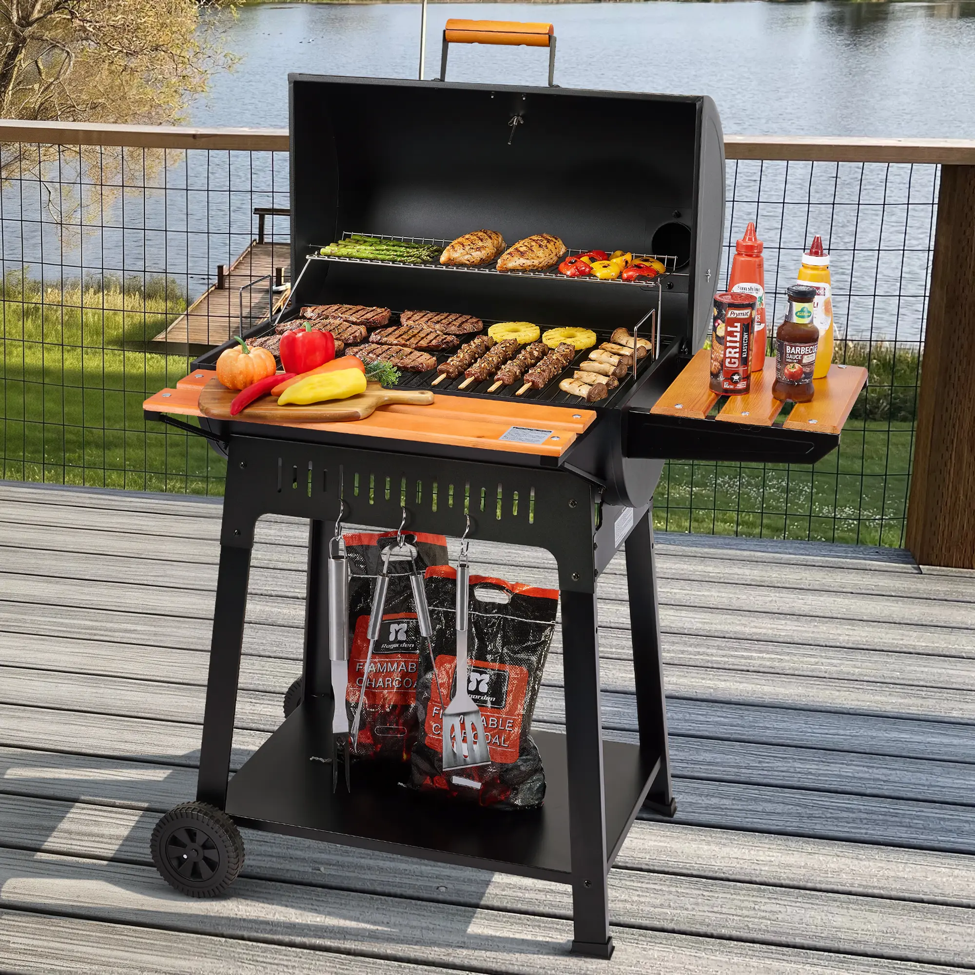 Royal Gourmet CC1831V Barrel Charcoal Grill with Wooden Side & Front Shelves, 626 Sq In Large BBQ Pit, Heavy Duty Outdoor Smoker with Tool Hooks & Bottom Storage, for Backyard Cooking, Black