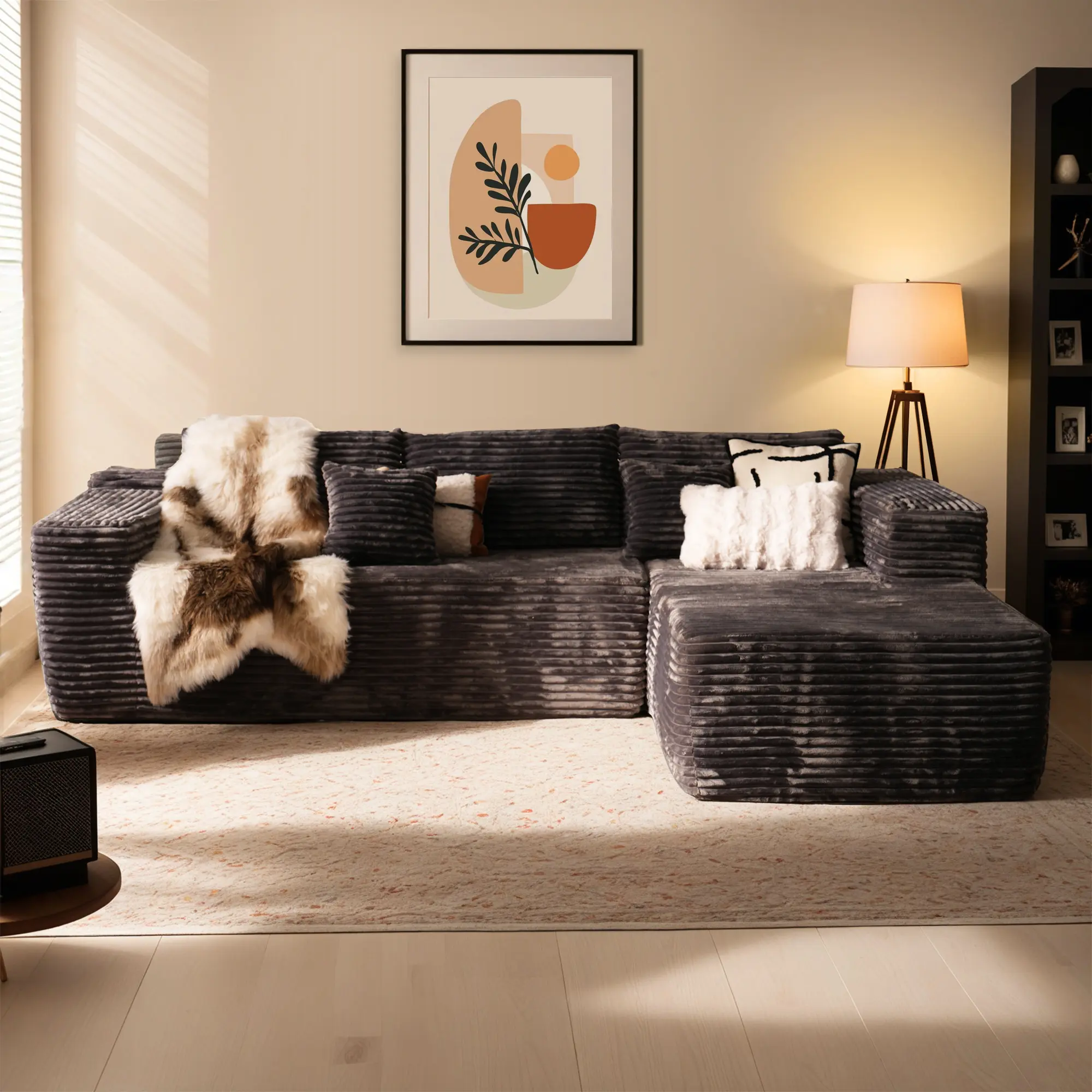 Grey Plush Corduroy Right Chaise