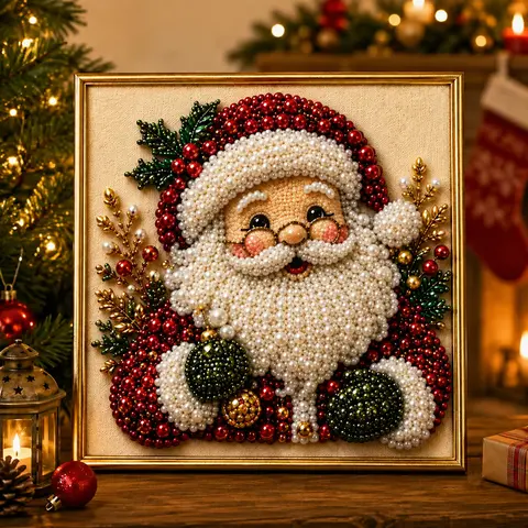 Christmas Themed Bead Pearl Diamond Painting DIY Kit, Warm Cute 3D DIY Craft Supplies, Beginner-Friendly Home Decor Wall Art, Seasonal Party Gift