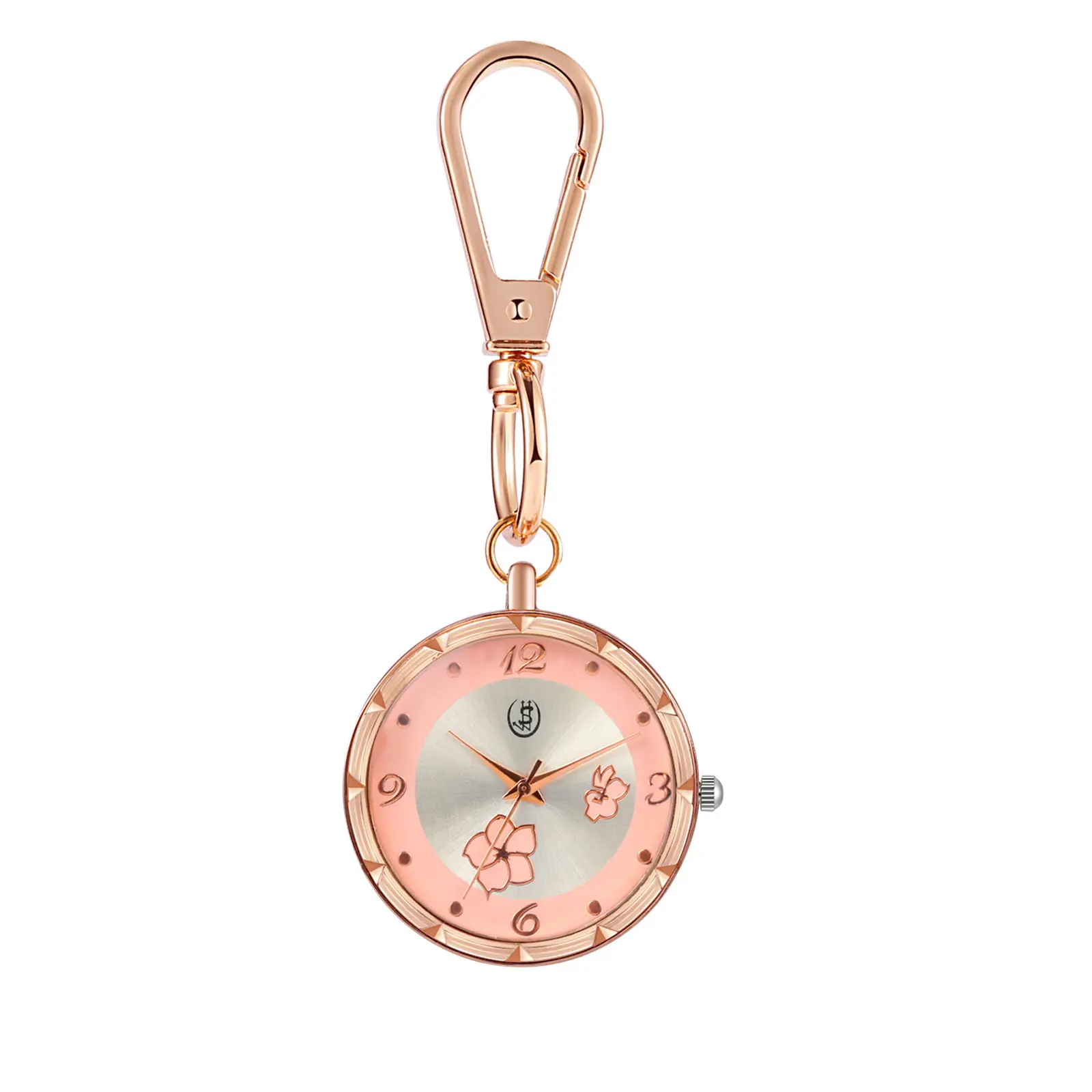 OIDEA Men's Round Flower Petal Dial Rose Gold Durable Clasp Keychain Pocket Watch - Compact, Lightweight, 1ATM, Pulse-Count Bezel for Nurses, Outdoor Enthusiasts, Students, Wearable Accessory, Carabiner Clip Watch