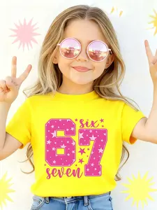 Girls' Pink stars and 67Six Seven Print Casual Sports Short Sleeve Top, Comfortable Soft Fabric, Loose-Fitting, Perfect Christmas Gift for Kids