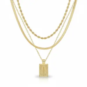 Gold Layered Necklace Set for Women 3-Strand Dainty Rope & Snake Chain with Rectangle Sunburst Pendant Trendy Stackable Jewelry 14K Gold Plated Adjustable Size Perfect Gift Valentine's