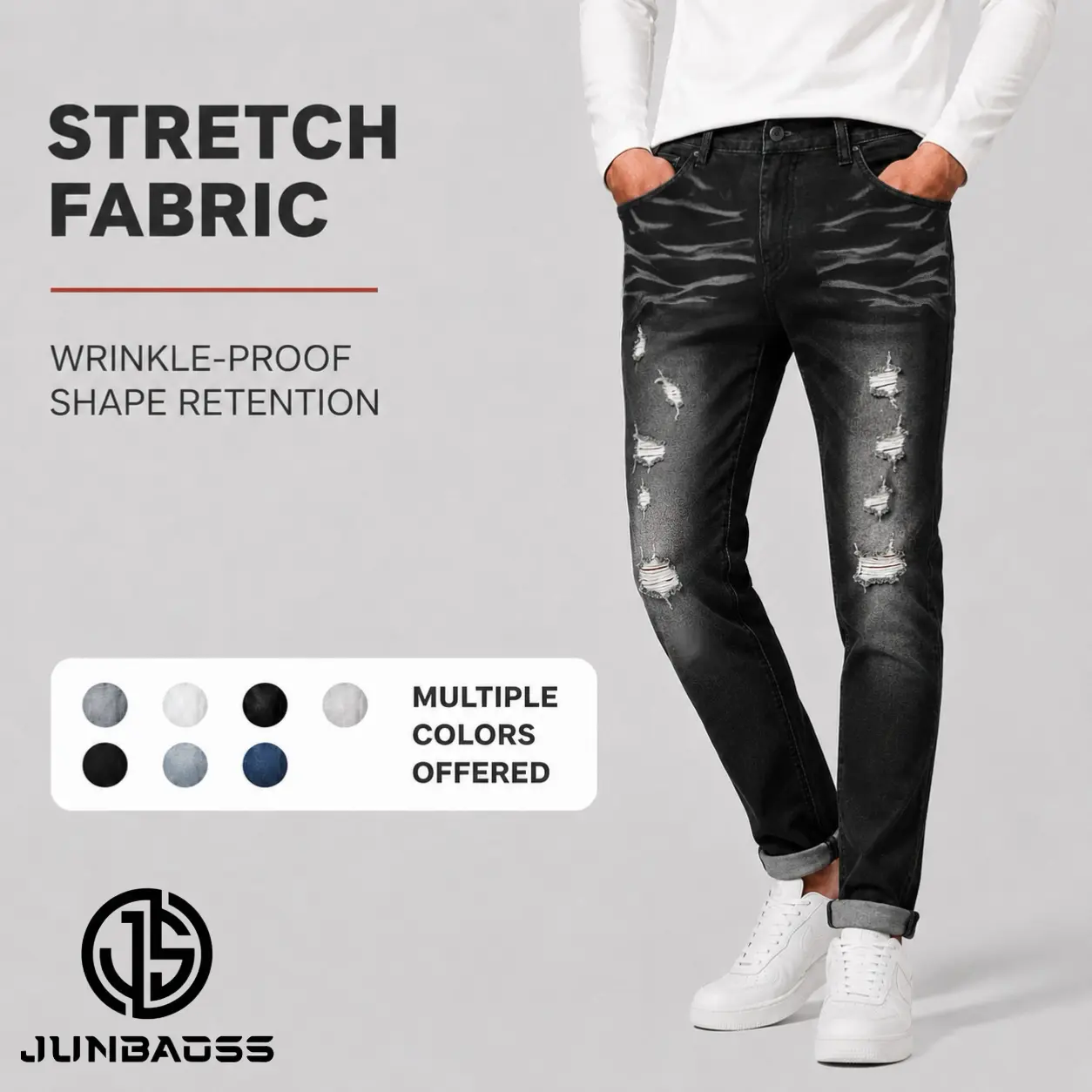 JUNBAOSS Men's Cotton Plain Black Distressed Skinny Jeans - Skateboard Slim Fit, Stretch Fabric, Button Closure, Straight Leg, Stylish Streetwear Pockets, Flex Waist Trouser for Casual Fall Menswear 2026 fashion