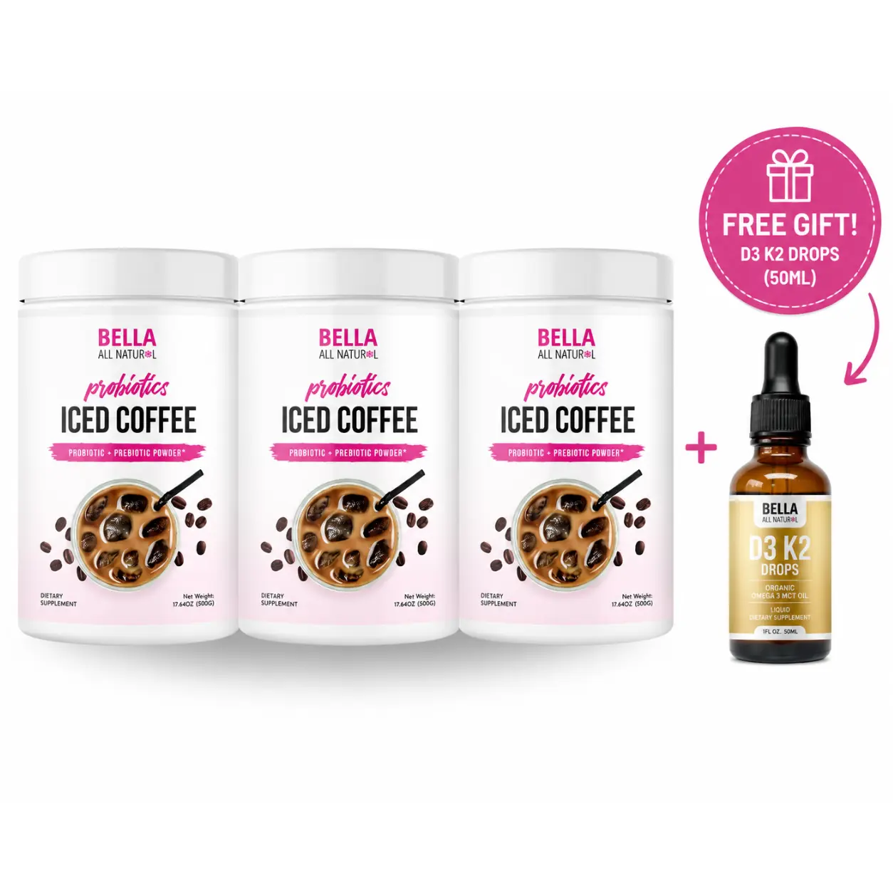 3 Pack Bella All Natural Probiotics Iced Coffee + D3 K2 DROPS (FREE GIFT)