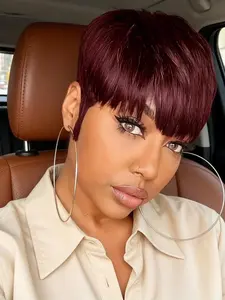 Women's Short Pixie Cut Wig -180% Density Human Hair, Straight Full Machine-Made Rose Net Cap