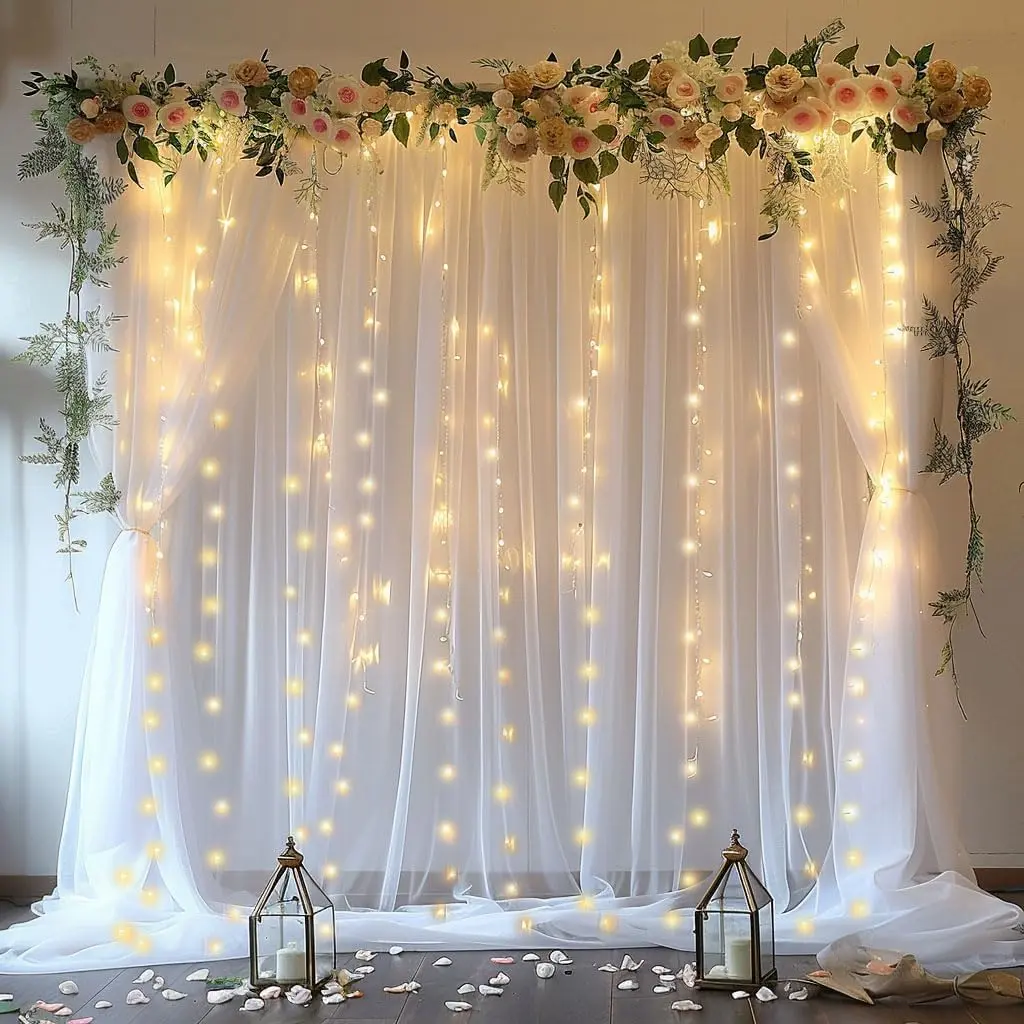 White 10x10ft Rectangular Decorative Tulle Backdrop Curtain with LED String Lights, Indoor Banner for Wedding Parties, Home Supplies, Led Lights, One-Piece