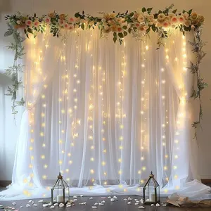 10x10ft White Tulle Backdrop Curtain with Lights String for Wedding Parties, Birthday Parties, Bridal Showers, Baby Showers, Photography Background, Home Decoration