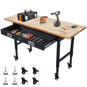 60" Workbench with Drawer Storage, Adjustable Height Worktable for Garage, Rubber Wood Top Heavy Duty Workbench with Power Outlet & 4 Lockable Wheels, 2000lbs Load Capacity for Workshop Home