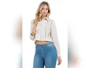 Women's Stylish Cropped Guayabera Shirt with Cutout Trim