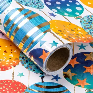 Metallic Foil Balloon and Star Pattern Gift Wrap Paper, Vibrant Party Theme Gift Wrapping Roll, DIY Craft Decoration Paper, 43.2cm X 500cm