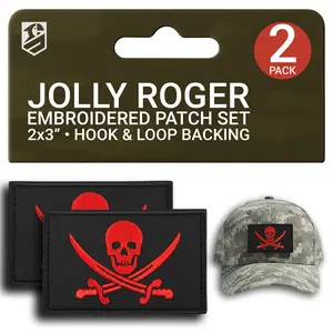 2Pcs Jolly Roger Patch Set Embroidered Hook & Loop Pirate Skull Tactical Morale Patches for Vest, Backpack, Hat, 3x2"