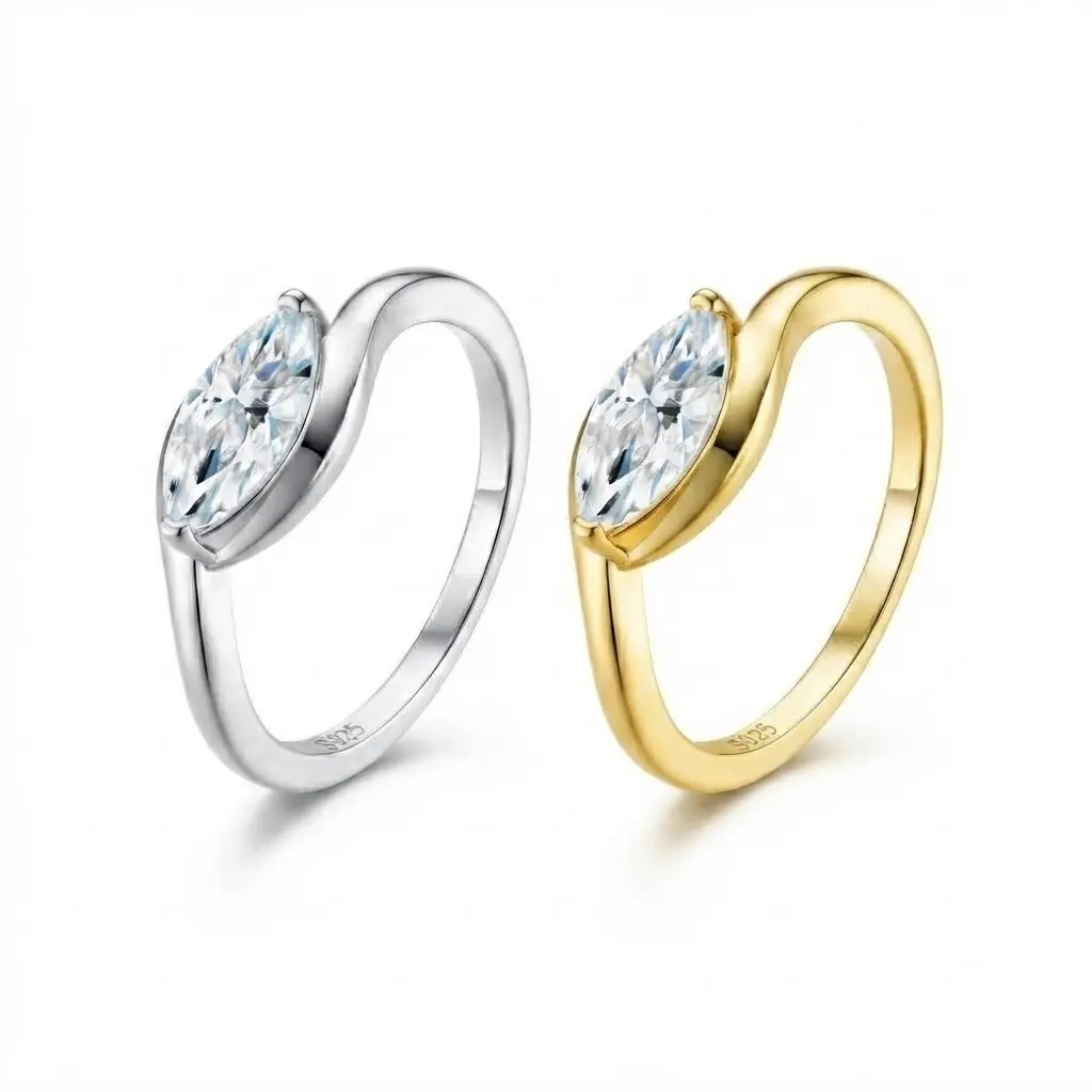 (East West Pinky Ring) 925 Sterling Silver Synthetic Moissanite Ring 1CT Marquise Single Stone