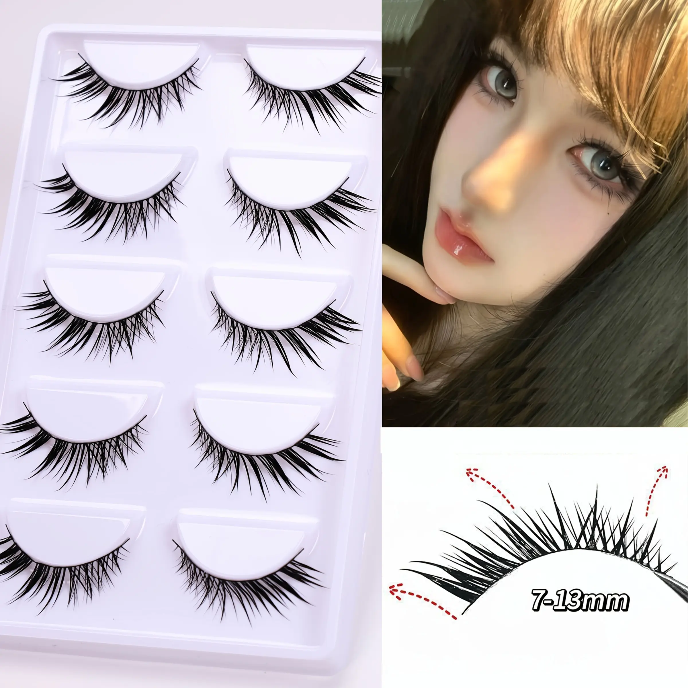 5 pairs of cute fox style diagonal flying false eyelashes, Falsies Eyelashes, one piece thin black stem, naturally curled up, clear and cold feeling, eye tail elongated design, Longer Looking Lashes