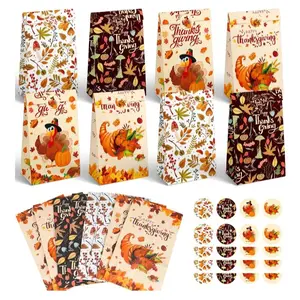 Elunpoe 32pcs Fall Goodie Bags Thanksgiving Treat Bags 8 Unique Styles for Autumn Party Favors & Seasonal Candy Wrapping Festive Design 120g Kraft Paper High-Quality Versatile Use