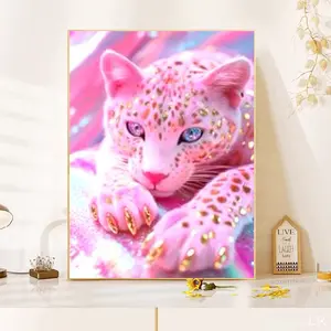 Pink Leopard Diamond Handmade Diamond Animal Embroidered Mosaic Set for Home Decoration Gifts30x40cm/11.81x15.75inch Embroidery Craft