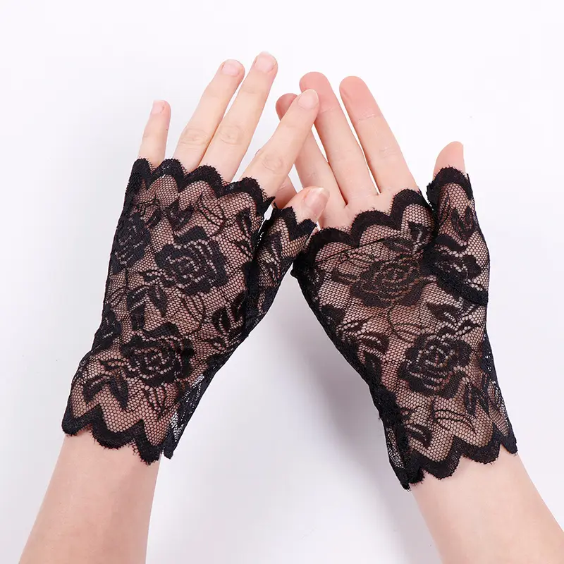 Floral Lace Fingerless Gloves, Hollow-Out Design, Elegant Elastic Short Gloves for Bridal, Wedding, Prom, Party & Costume Accessories
