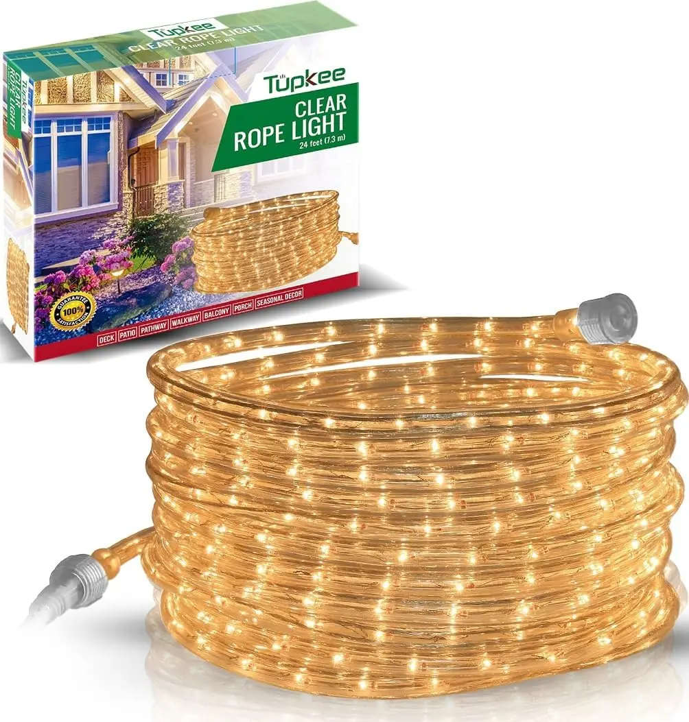 Incandescent Rope Light Clear - 24 Feet (7.3 m), for Indoor and Outdoor use - 10MM Diameter - 288 Clear Warm Incandescent Long Life Bulbs Decorative Rope Tube Lights