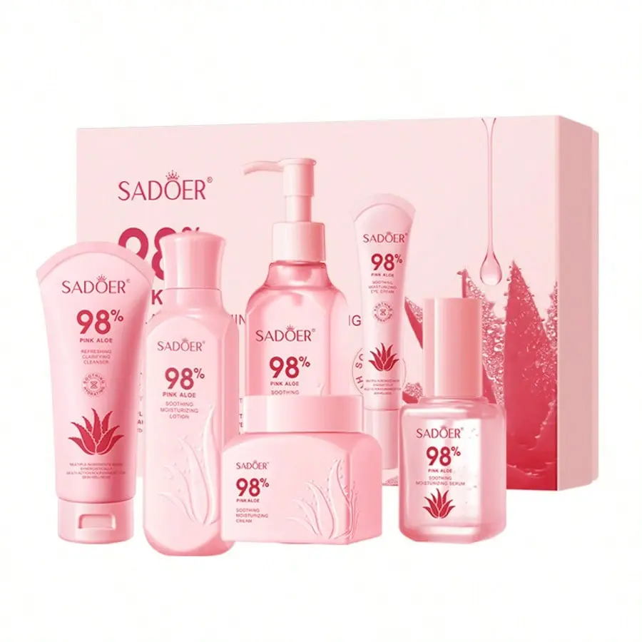 SADOER 98% Pink Aloe Complete Skincare Set - Moisturizing Lotion, Cleanser, & More - Gentle & Hydrating Formula